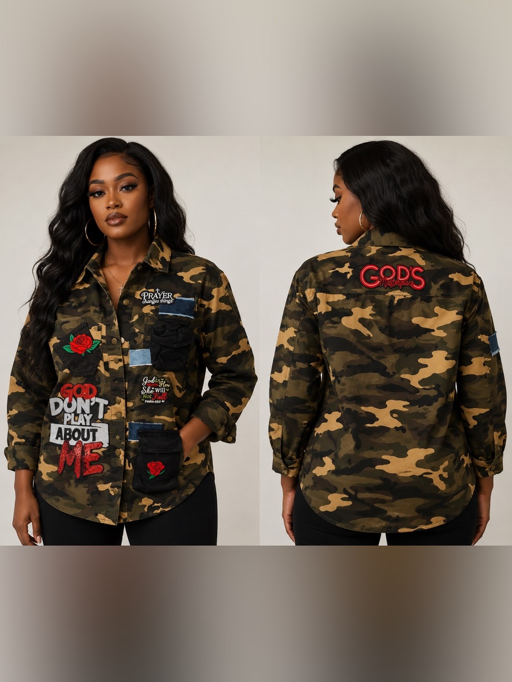 Camo Graphic Jacket with Rose Patches